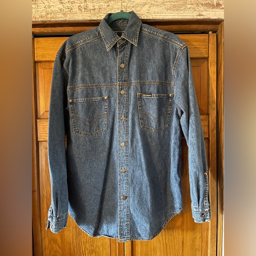 Men’s Harley Davidson Biker blues denim button down shirt size small